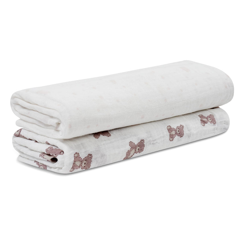 Couvertures de Mousseline (2) - Ours Rose-Piccolo Bambino-ABN-PBD03M97E3PK-CLÉMENT
