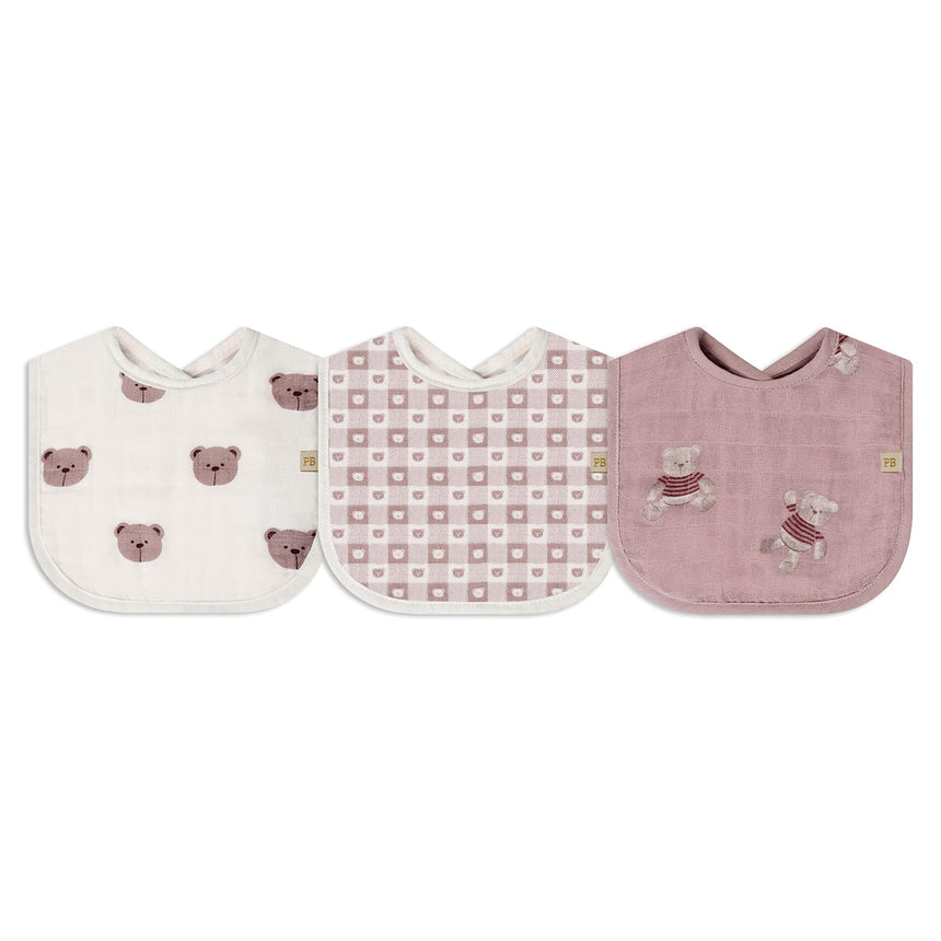 Bavoirs en Mousseline (3) - Ours Rose-Piccolo Bambino-ABN-PBF06M99E3PK-CLÉMENT